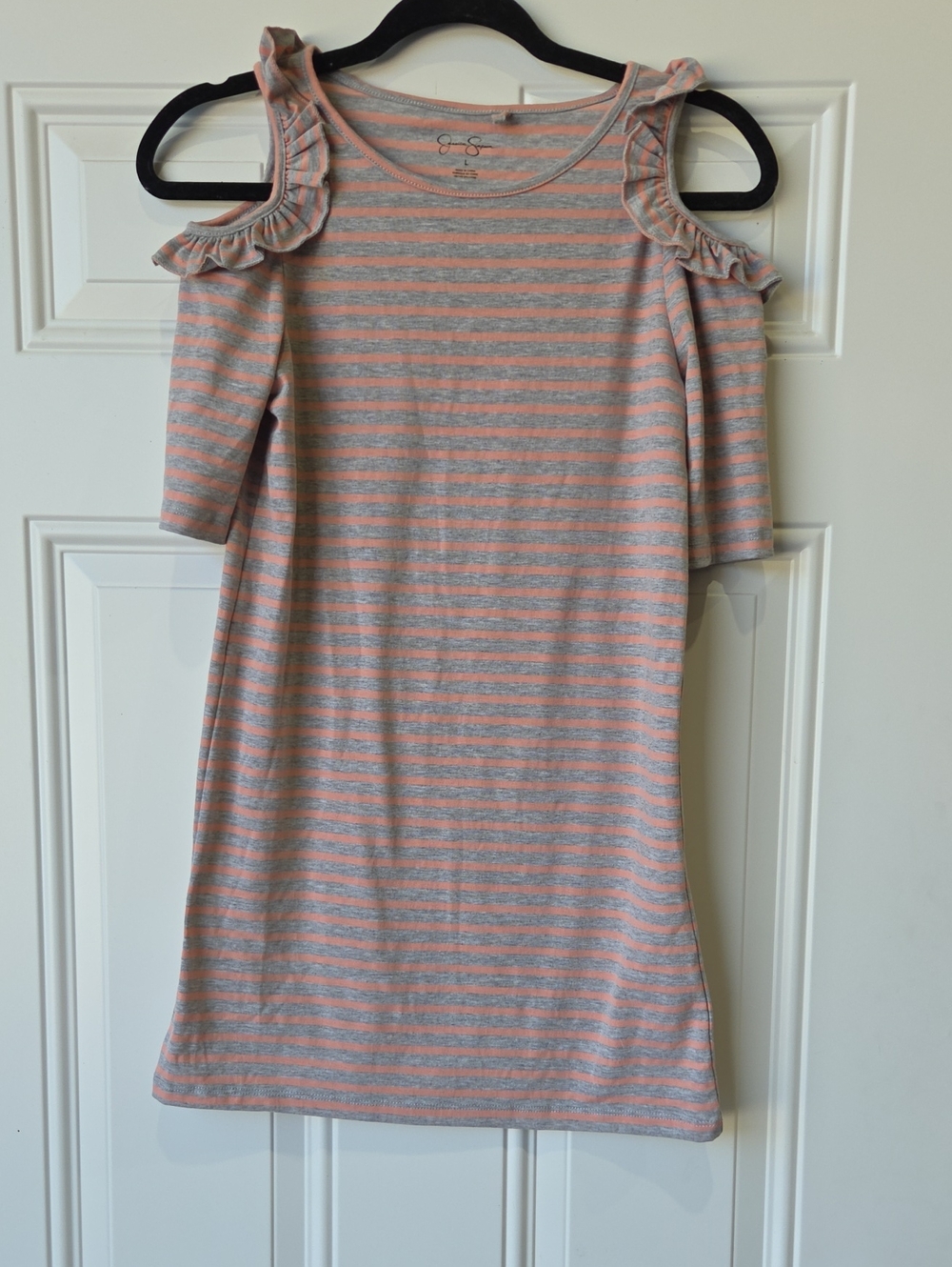 Jessica Simpson Pink & Gray Stripe Cold-Shoulder Dress